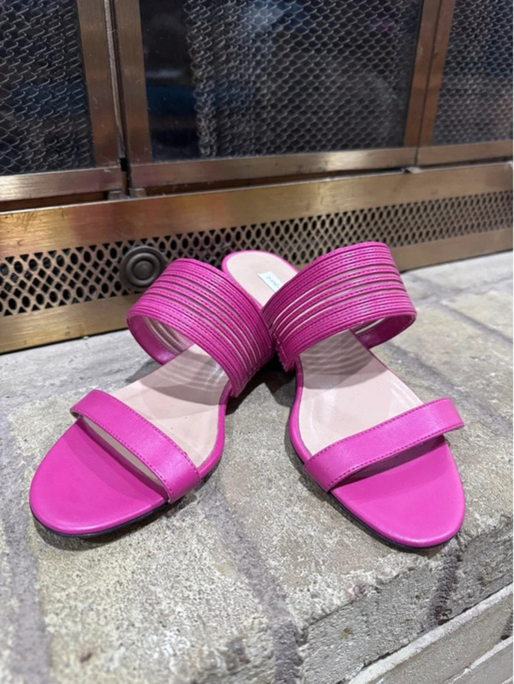 Diane von Furstenberg Pink Leather Multi-Strap Striped Slide Sandals, Size 7B
